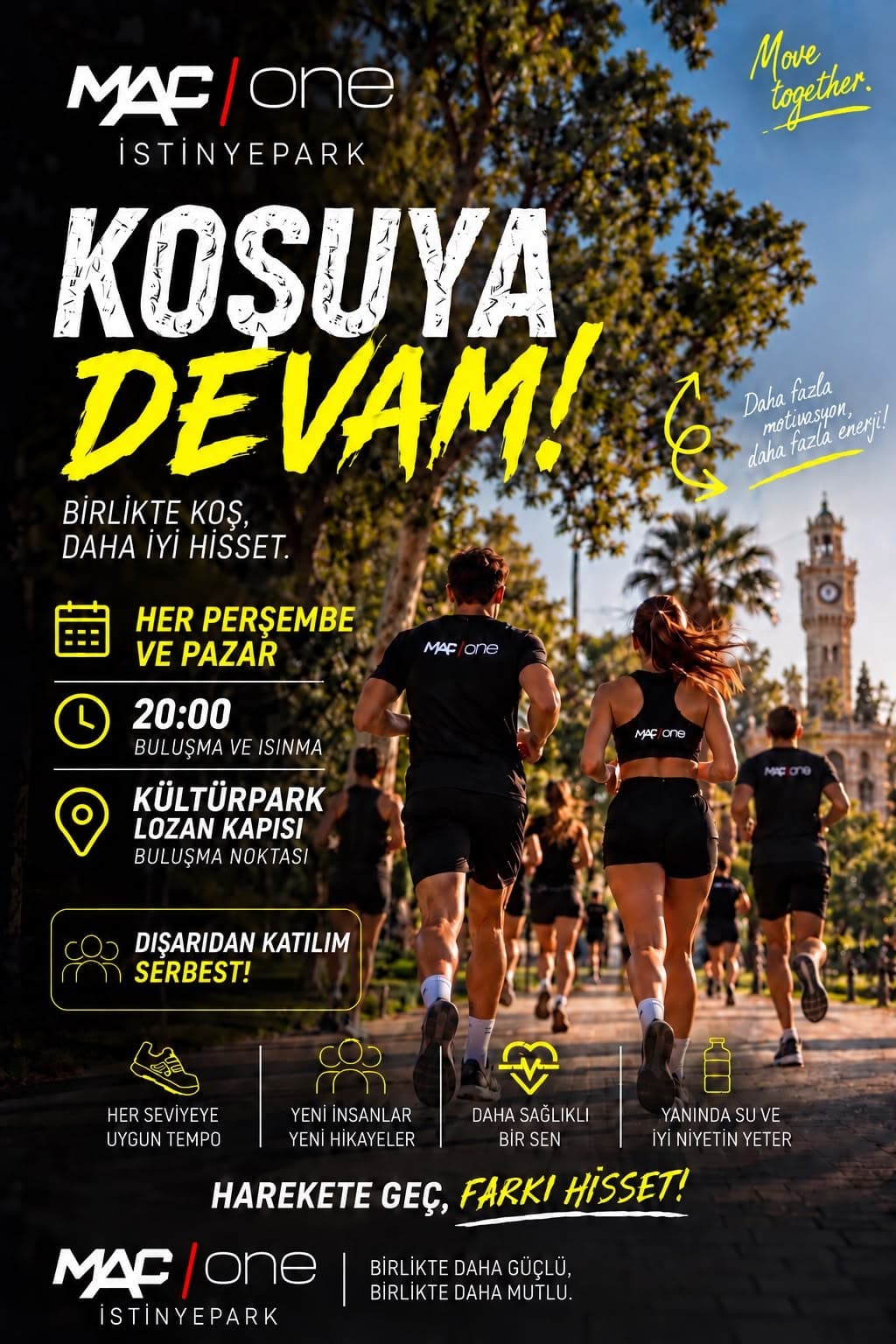 Kültürpark koşu buluşması afişi — her Perşembe ve Pazar 20.00, Lozan Kapısı